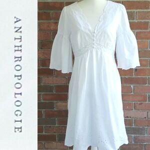 Anthropologie Vanessa Virginia White V Neck Cotton Dress Sz 8 Lined Bell Sleeve